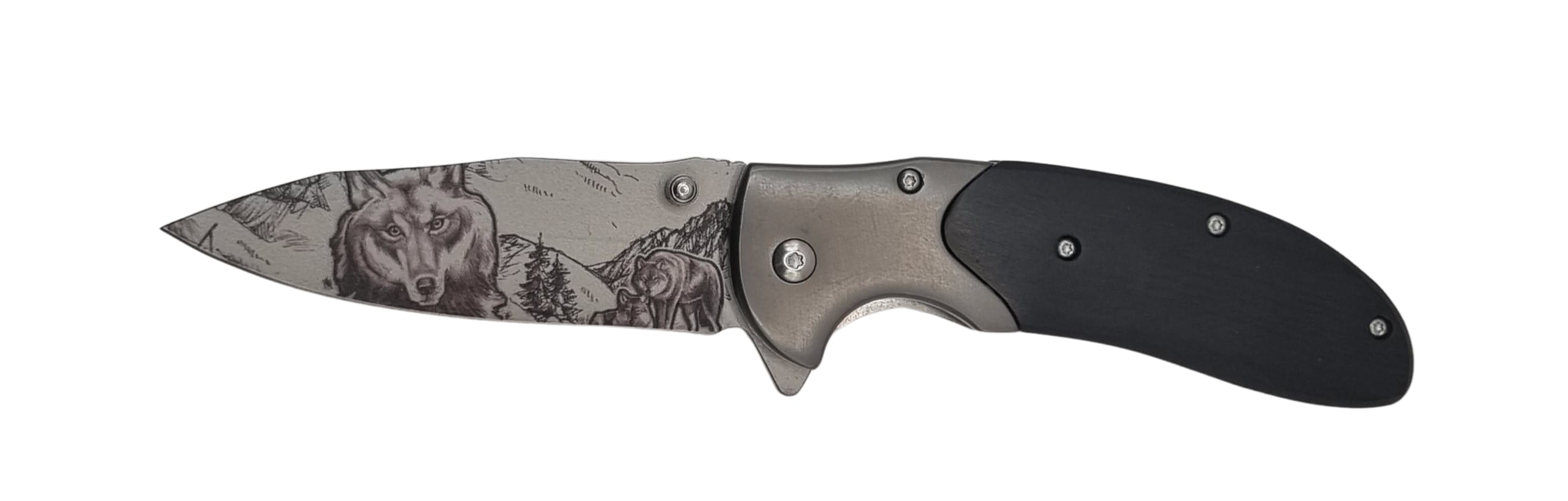 Kandar zatvárací vreckový nôž motív vlk+ klip 20,5/9cm – detail 1