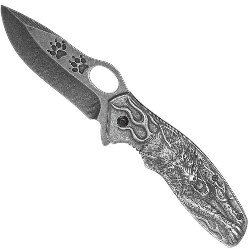 Kandar poľovnícky zatvárací vreckový nôž motív vlk +klip 21cm/9cm – detail 1