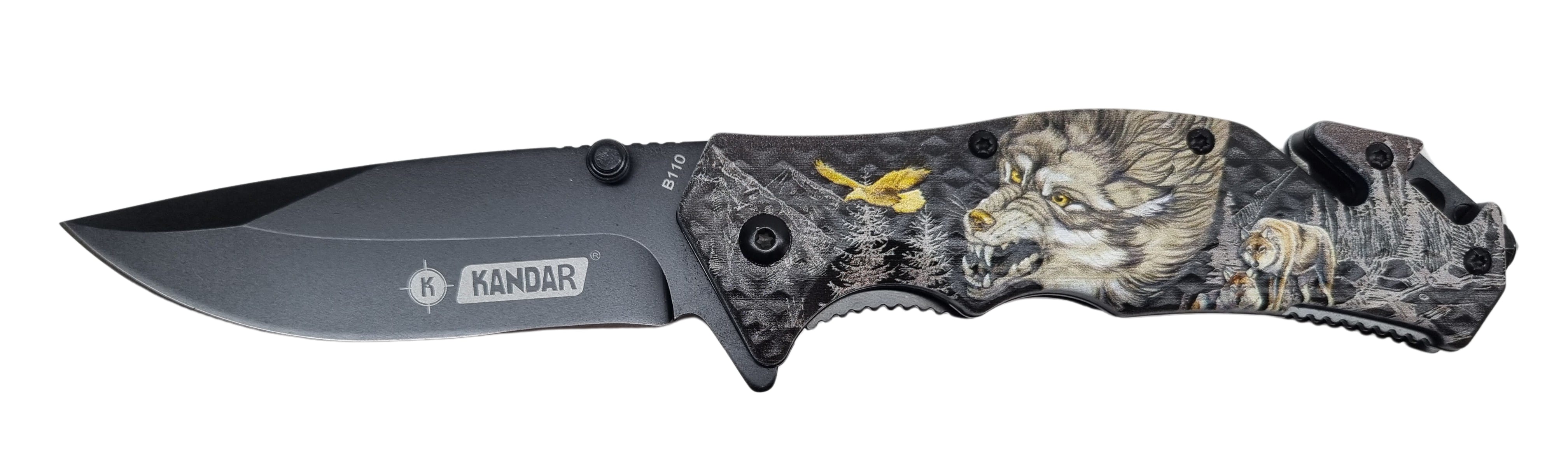 Kandar vreckový zatvárací nôž motív vlk +klip 21cm/8,5cm – detail 1